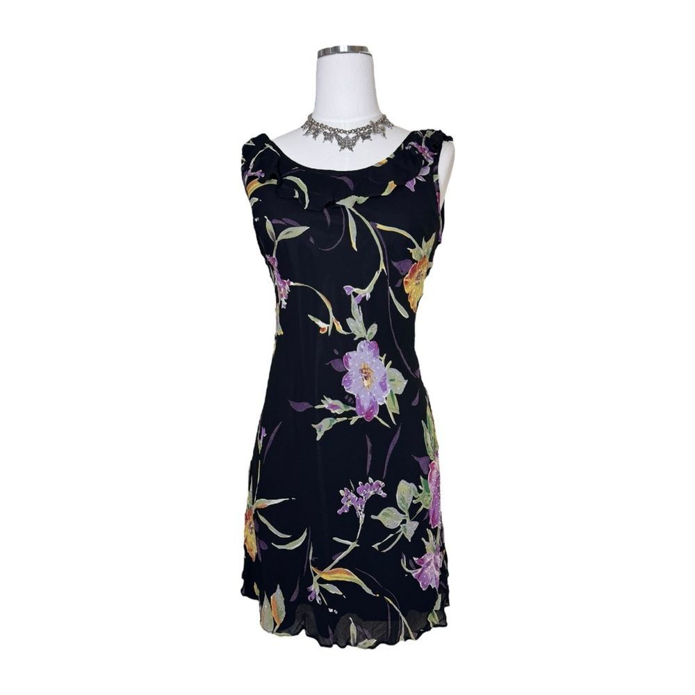 Y2K Eva Blue Black Rayon Floral Beaded Mini Dress Size 8